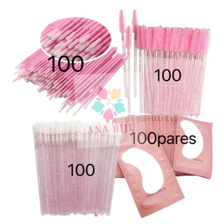 Kit - 100 Escovinhas + 100 Microbrush + 100 Aplicador +KIT 100 Pares de Gel Pads (200 Unidades) de Batom Alongamento Cilios