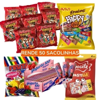 Kit 5 Guloseimas Rende 50 Sacolinhas Festa Infantil Pipoquinha Pirulito Bala Pastilha Bombom