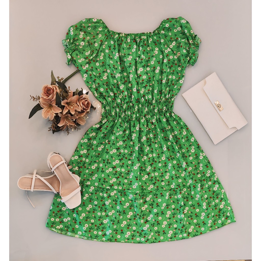 Vestido Curto Midi Mdio Verde Estampado Flor Florzinha Feminino Ciganinha Cigana ombro a ombro Duna Manga Curta Moda Evanglica Confortvel Leve de F