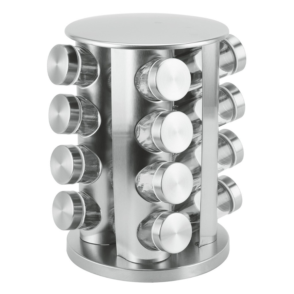 Porta Condimentos Tempero 16 potes de vidro - Base Giratoria de Inox