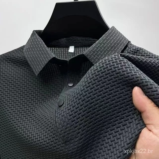 Alta Qualidade Moda Gelo Seda de Manga Curta Camisa dos homens com Cor Sólida Verão gola Alta Qualidade Camisa Polo dos homens Blusa MU33