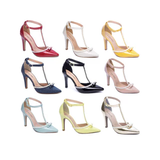 Sapato scarpin feminino confortável Scarpin Pérola Salto Alto com perolas 9 cm chique Tamanco salto alto com ajuste de fivela confortável casual torricella scarpan fino agulha e bico fino na cor branco prata amarelo vermelho