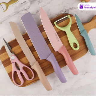 Conjunto Gourmet De Facas Coloridas Com Tesoura E Peer-6 Peças