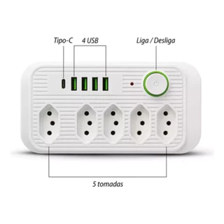 Régua Extensão de tomada 5 tomadas filtro de linha com 4 usb 1 USBC com cabo de 1.90 cm Bivolt