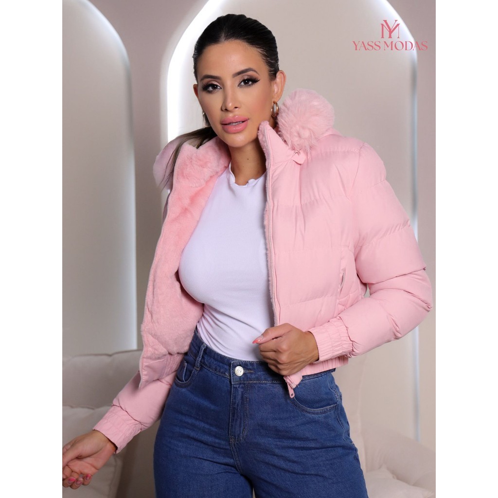 Jaqueta Puffer Nylon Forrada Dupla Face com Capuz Pelúcia