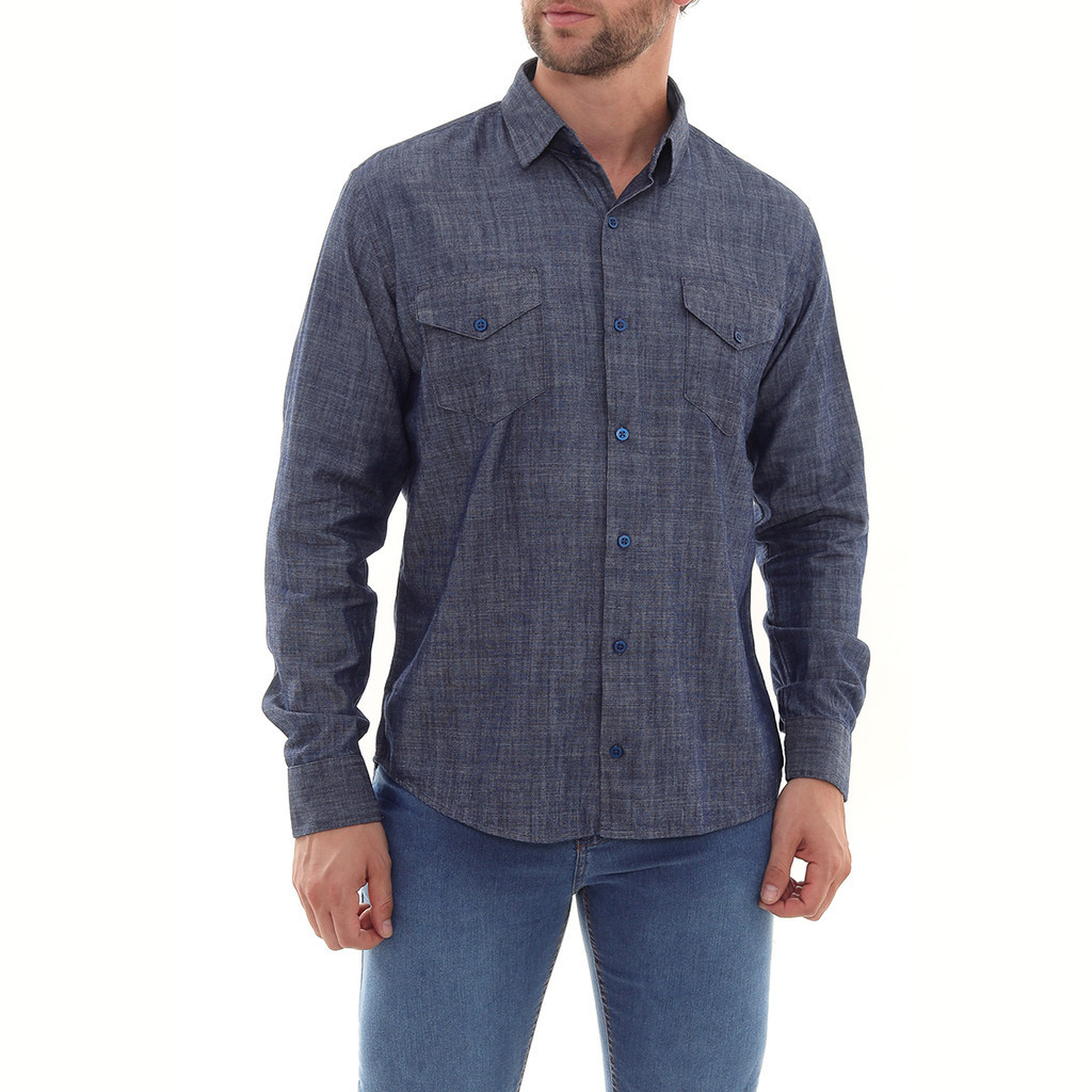 Camisa Masculina Jeans Escuro com Manga Longa e Bolsos