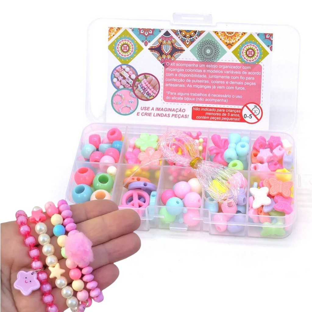 Kit de Miçangas Infantil Pulseira e Colar com Fio de Silicone e Estojo ...