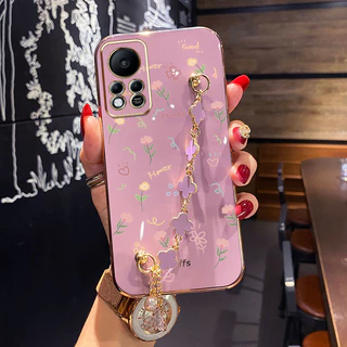 YBD Estojo De Telefone Com Flores De Tela Cheia Galvanizadas Para Infinix Hot 11S NFC X6812 X6812B X662 X622B X689F Bracelete De Trevo De Quatro Folhas