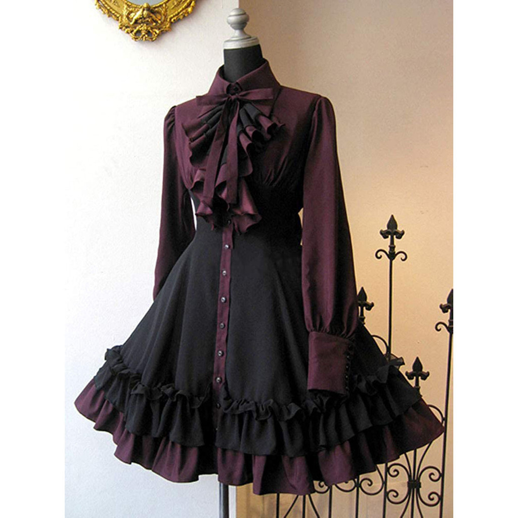Elegante Vestido Lolita Preto Gótico Feminino De Grande Tamanho Colarinho De Laço Pregueado Goth Vintage Chic Jurken