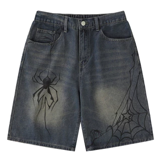 Y2K Calção De Ganga Azul Y2K Cobweb Aranha Impresso De Verão Calças Casuais Soltas Moda Harajuku Hip Hop Rua Para Homens-Estoque Pronto
