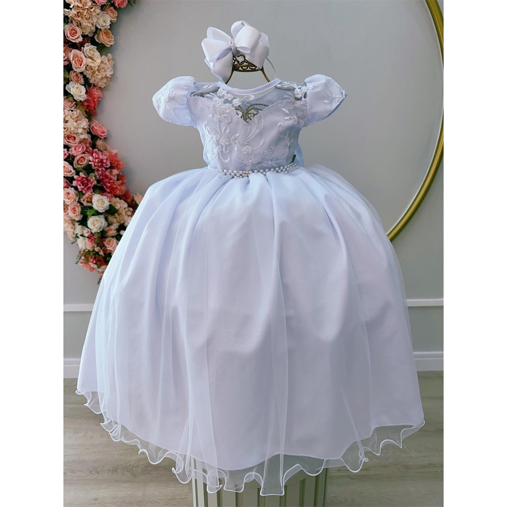 Vestido Infantil Damas Honra Azul Claro Casamentos Pérolas - Rosa