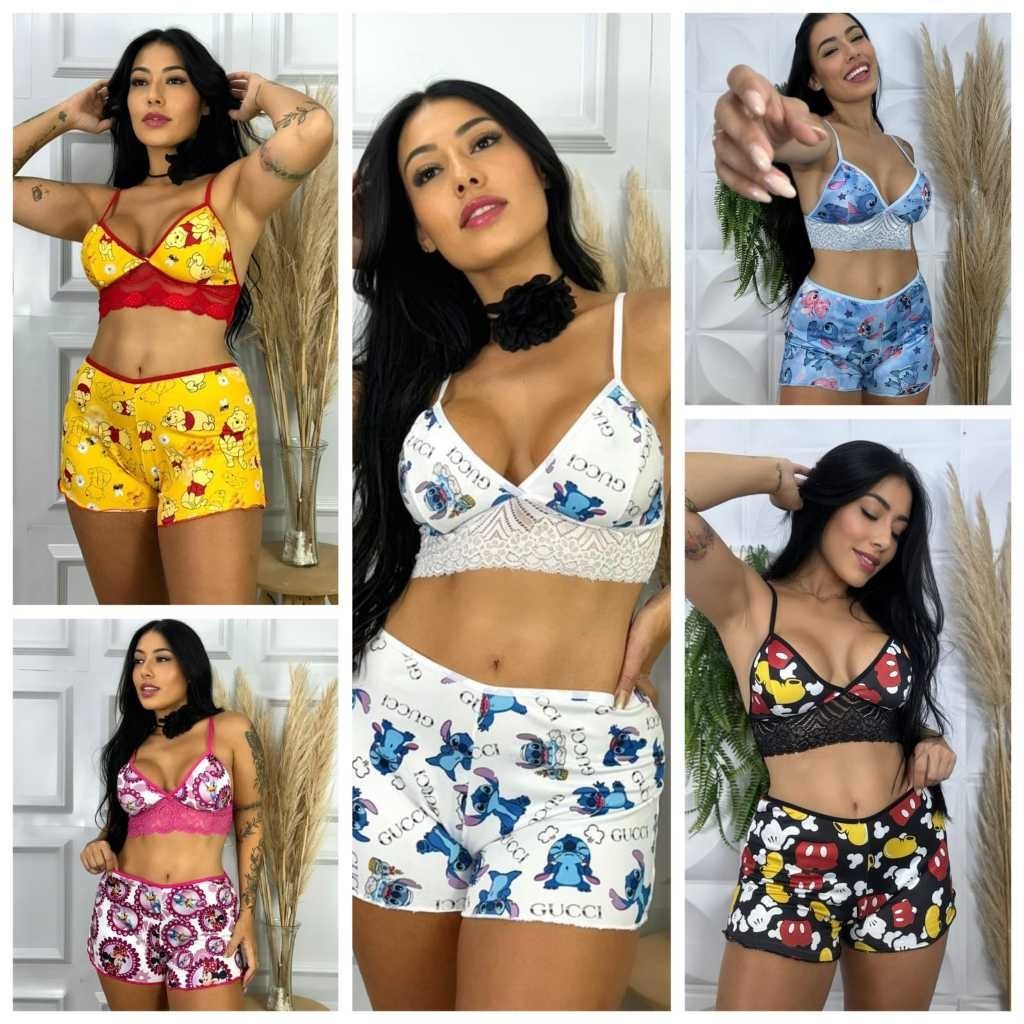 Espera Marido Renda Luxo Personagem Suede Baby Doll Blogueirinha Cropped Short doll Stitch