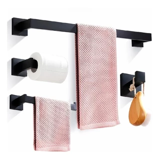 Kit Banheiro Papeleira Cabide Porta Toalha De Rosto E Banho Preto
