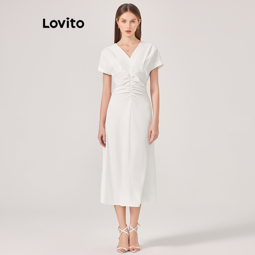 Lovito Elegante Vestido Feminino Liso Plissado Franzido L71ED166 (Branco/Preto)