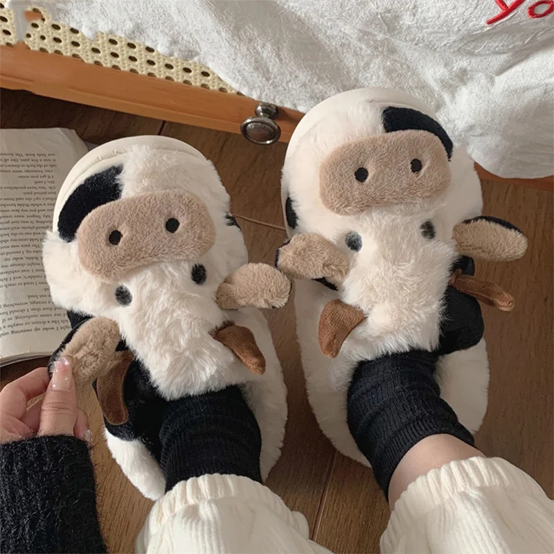 lovely Chinelos De Vaca De Leite Fofos Femininos Pelúcia De Inverno Sapatos Kawaii De Interior