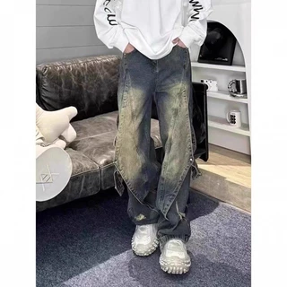 Design de jeans masculinos lavados de pernas largas Indústria pesada Vibe American High Street emenda retro tubo reto desconstruído antigo 3EBU
