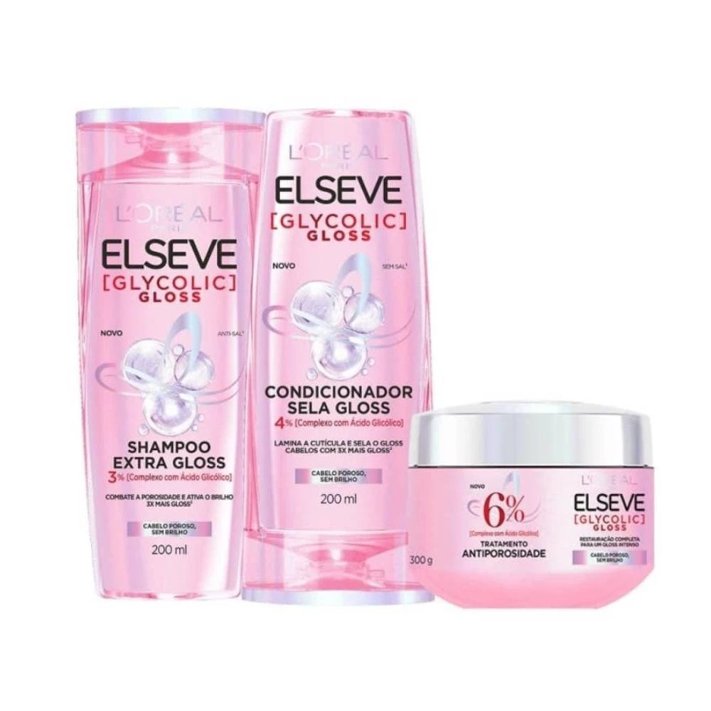 Kit Elseve L'Oréal Paris Glycolic Gloss - Shampoo, Condicionador e Tratamento Antiporosidade para Cabelos Lisos e Brilha