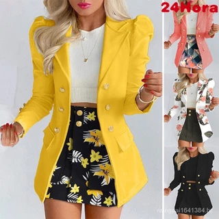 Conjunto de 2 peças de saia de manga comprida Blazer+Short Blazer+Short Impresso Casual Feminino