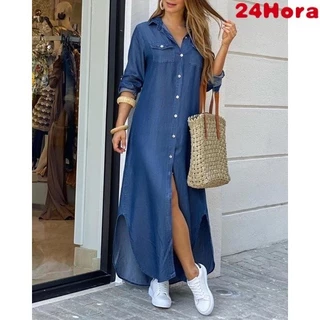 Vestido longo plus size casual estampado feminino manga longa com lapela