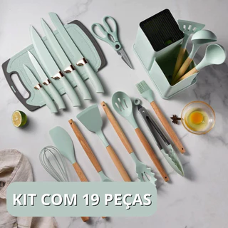 Conjunto de Acessórios de Cozinha Jogo de Facas de Silicone e Bambu KIT Com 19 Peças BELEZA DIVINO