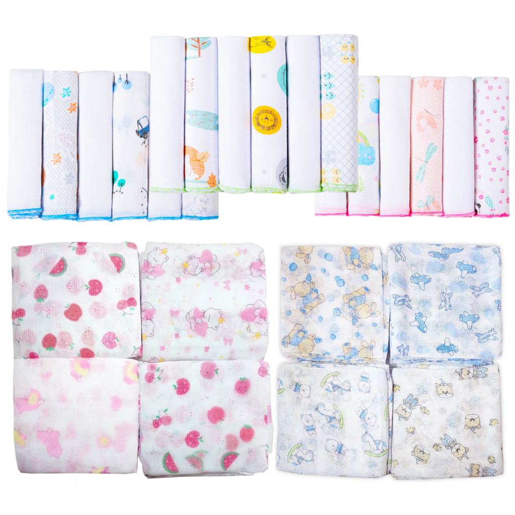 Kit 11 Peças - 5 Fraldas 60x60cm + 6 Paninho de Boca 30x30cm 100% Algodão Grande Macias Estampadas