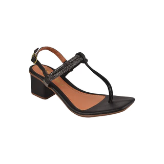 Sandália Salto Grosso Rosa Chic Calçados Feminino Salto Baixo Bloco Brilho Strass Bico Quadrado Preto