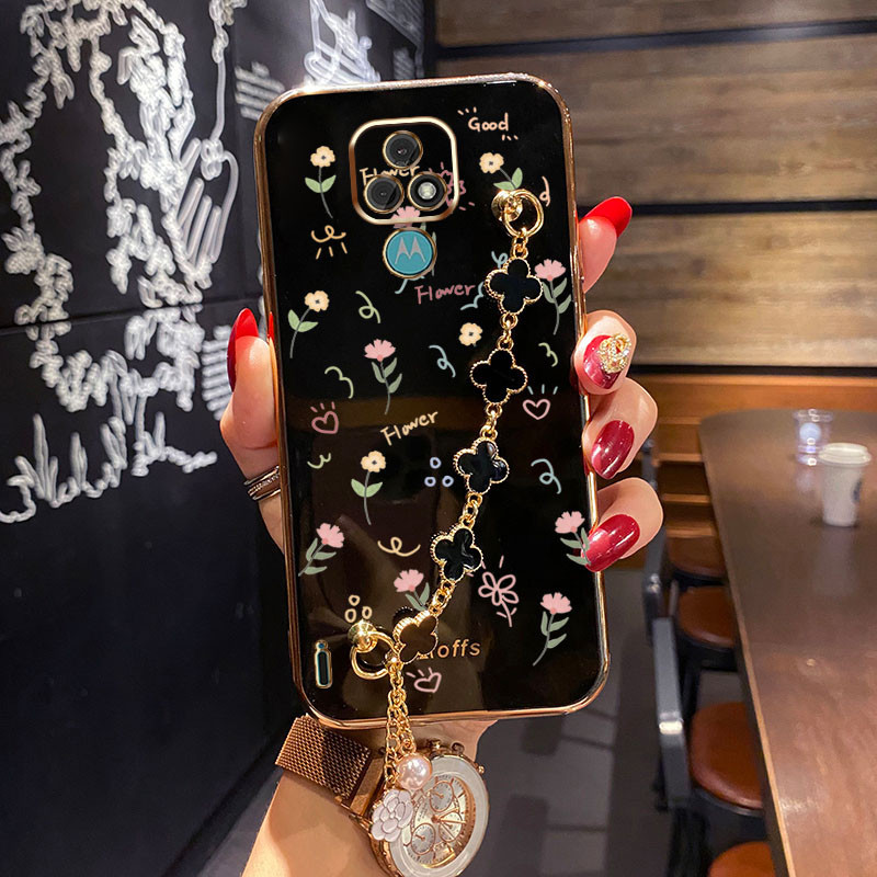 Caixa Motorola Moto E7 Plus E7i E7 Power Padrão De Flor Pequena Com Quatro Folhas De Trevo Bracelete De Proteção À Prova De Choque