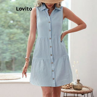 Lovito Vestido Casual Simples Com Botões Frontais Para Mulheres LNE31038 (Azul)