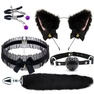 5PCS BDSM Kits Metal Fox Tail Anal Plug Gag Clip Plush Orelha De Pelúcia Jogo De Para Adultos Com Colarinho De Renda