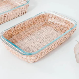 Travessa Refratário Assadeira Forma Retangular de Vidro Com Rattan 3 Litros