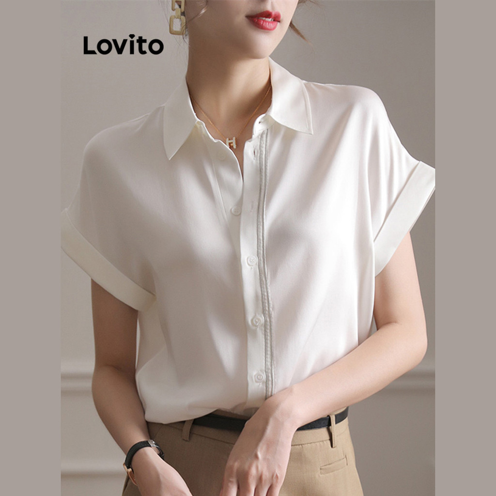 Lovito Elegante Blusa Feminina Lisa com Botão LNE40160