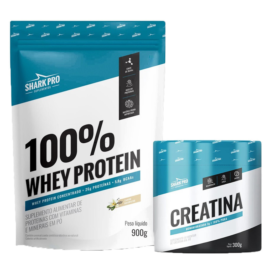 Kit Whey Protein 100 Refil 900g Sabor Baunilha Shark Pro Creatina Monohidratada 300g Shark