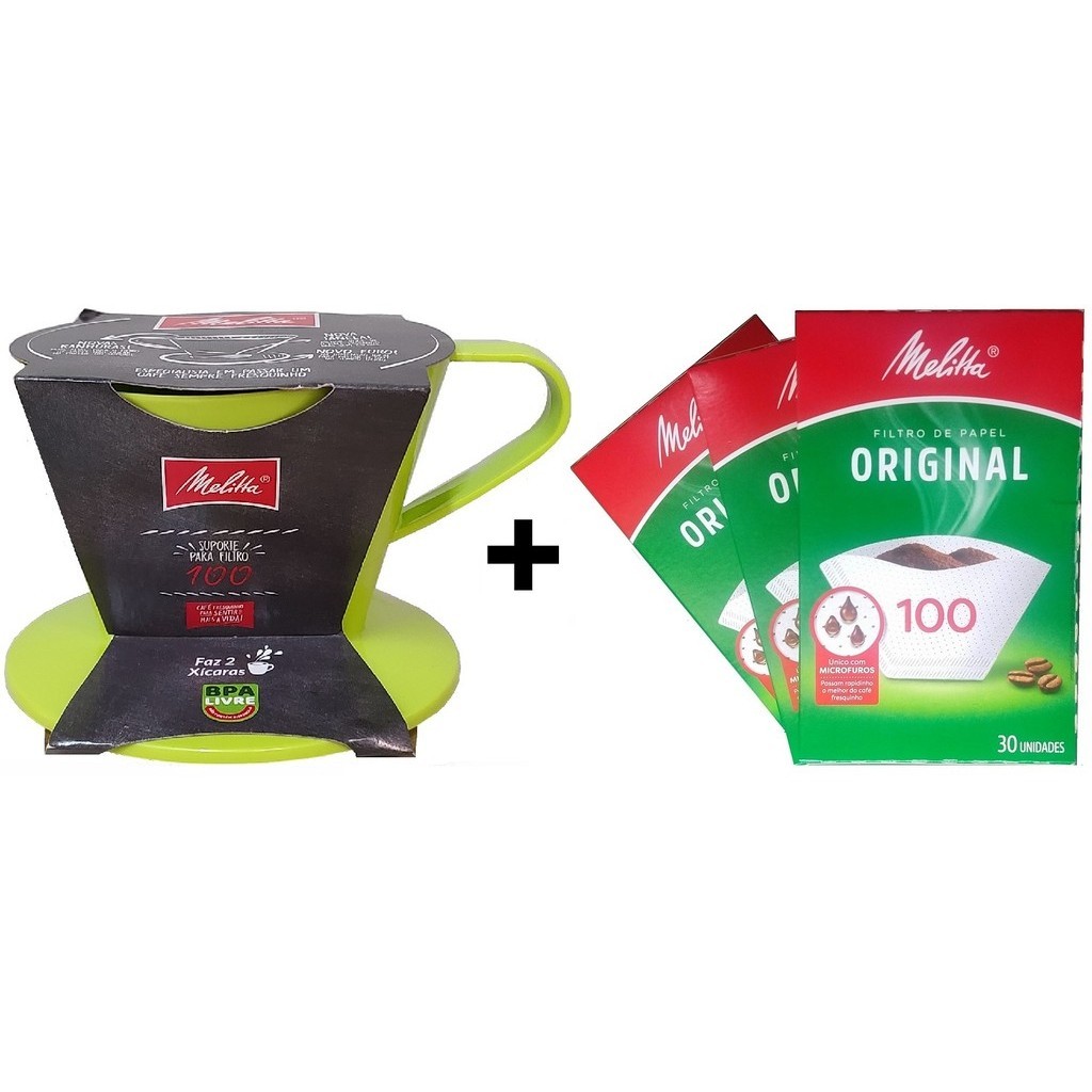 Kit 3 cx Filtro Papel 1Suporte plást Melitta n100 VerdeLimão