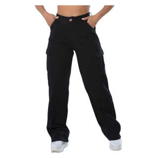 Calça Jeans Feminino Cargo Preta Milita Social Cintura alta Wide Leg
