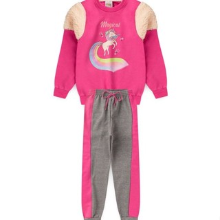 Conjunto Infantil Menina Moletom - Unicórnio - Rosa e Cinza