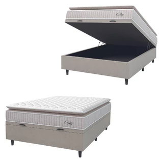 Cama Box Baú Colchão Casal Molas Ensacadas City Pillow Top 138x188x64cm Branco / Bege Hellen - Suporta até 110kg por Pessoa