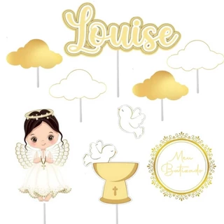 Topo Topper Decoração De Bolo Enfeite Batizado Menina Dourado