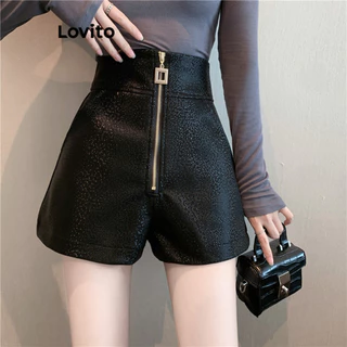 Lovito Elegante Shorts Feminino Liso com Zíper LNE31185 (Cáqui/Preto)