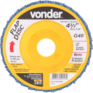 Disco de lixa flap disc reto 4 1/2" costa de plástico com 10 peças - Vonder