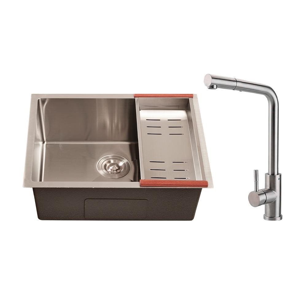 Cuba para Cozinha Terena 58 cm e Torneira Misturador Monocomando Extensível Gurupi Pingoo - Prata