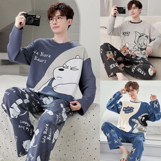 Pijamas Plus Tamanho M-XXXXL Confortável Cartoon Impressão Moda Masculina Pullover Manga Longa Top Calças De Cintura Solta Exterior Vestuário De Casa 2PCS