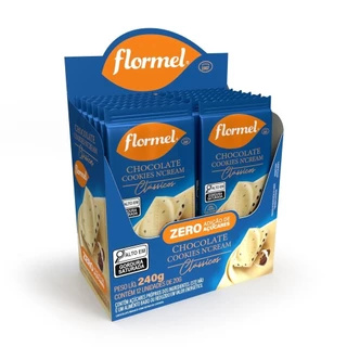 Barra De Chocolate Branco Zero Com Pedaços De Cookies, Zero Açúcar Flormel- Caixa com 240g