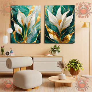 Kit quadros decorativos de luxo para sala, escritório , salao de beleza. Flor de lirio branco e dourado fundo de marmore impressão em tela acetinada.