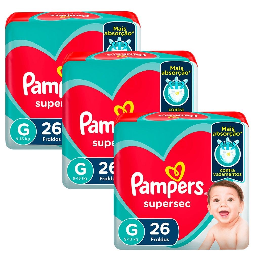 Kit 3 Fraldas Pampers Supersec Pacotão Econômico G - 78 Tiras