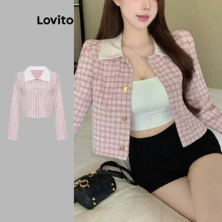 Lovito Casaco Casual xadrez com gola contrastante e pérolas com botão para mulheres L117AD102 em Promoção na Shopee Lovito Casaco Casual xadrez com gola contrastante e pérolas com botão para mulheres L117AD102