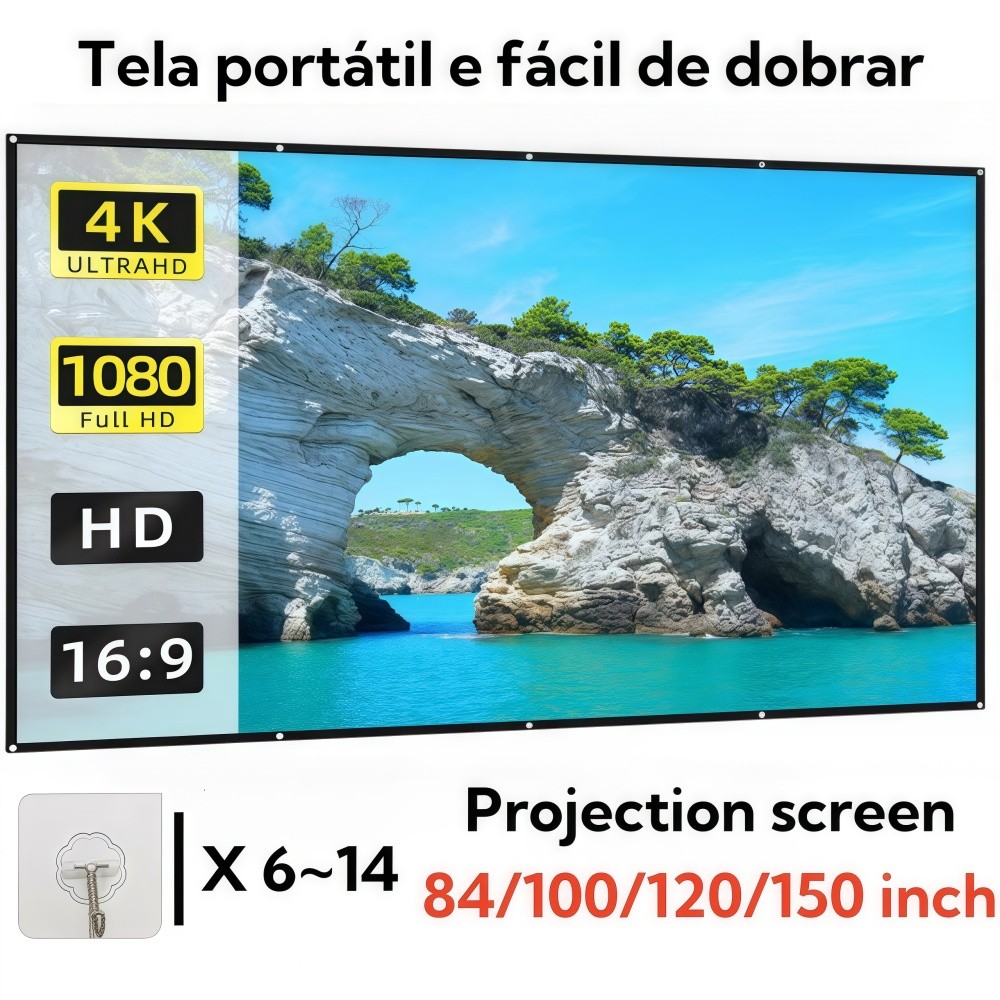 Tela Projetora LED Portátil 84/100/120/150 Polegadas 16:9 Dobrável para ...