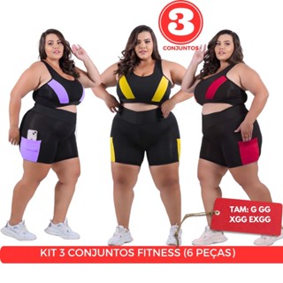 Kit 3 conjuntos Fitness Plus e Slim G GG XGG e EXGG Short com bolso academia caminhada
