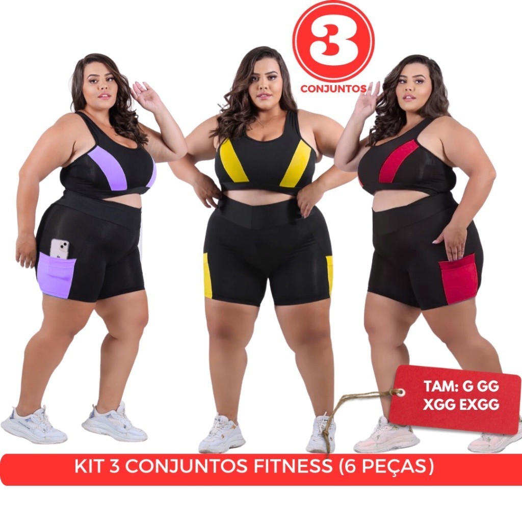 Kit 3 conjuntos Fitness Plus e Slim G GG XGG e EXGG Short com bolso academia caminhada