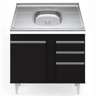 Balcão Gabinete Com Pia Inox 100cm 2 Portas 2 Gavetas Luziania Preto - Lumil