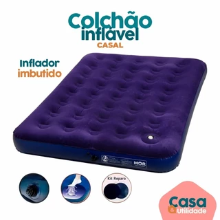 Colchão de Casal Inflável C/ Fole Inlfador Acoplado Multiuso + Kit Reparo Mor